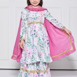 THE PONY & PEONY CO. Girls Floral Printed Cotton Kurta with Palazzos & Dupatta-image-67