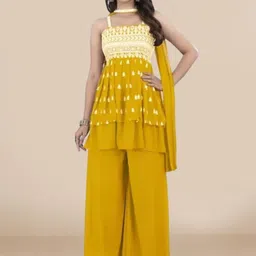 PARROT CREATION Women Embroidered Regular Sequinned Kurti with Sharara & With Dupatta-0