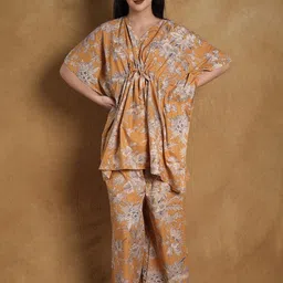 Exotic India Floral Printed Honey-Yellow Pure Cotton Kaftan Style With Palazzo Co-Ords-picture-9