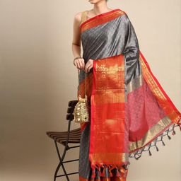 KALINI Grey Cotton Blend Woven Design Sarees-picture-5