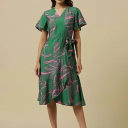 Allen Solly Woman Tropical Printed V-Neck Flared Sleeve Wrap Dress-42