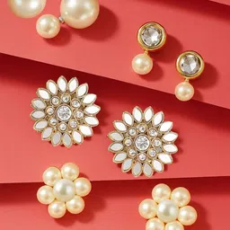ORANGENYSHA Set Of 4 Gold-Plated Kundan Studded Floral Studded Studs-picture-40