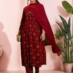 Sangria Printed Organic Cotton Anarkali Kurta With Trouser & Dupatta-11