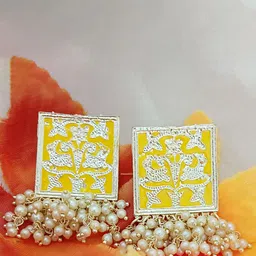 EVY Gold-Plated Artificial Beaded Square Shaped Drop Earrings-6