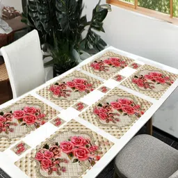 REVEXO 6Pc Beige & Pink Printed Rectangle Costers & Table Placemats-35
