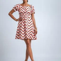 TIRA women Geometric Print Square Neck Puff Sleeve Fit & Flare Mini Dress-image-30