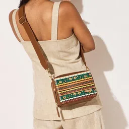 Chumbak Geometric Printed PU Structured Sling Bag with Fringed-12