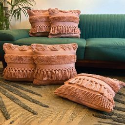 LUSHLYF Peach-Coloured Set of 5 Geometric Square Cushion Covers-53