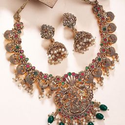 KARATCART Gold-Plated Artificial Stones Laxmi Mata & Peacock Temple Jewellery Set-picture-25