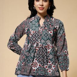 Istyle Can Ethnic Motifs Printed Mandarin Collar Cotton Top-image-100