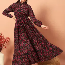 ZWERLON Floral Print Tie-Up Neck Applique Maxi Dress-image-19