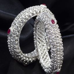 House of Pataudi Set Of 2 Silver Plated Stone-Studded Bangles-image-60