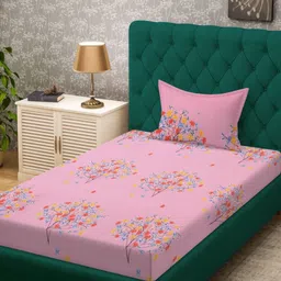 HOSTA HOMES Pink & Blue Floral 300 TC Single Bedsheet with 1 Pillow Covers-image-88