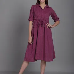 CORSICA Women Cotton Striped Roll-Up Sleeves A-Line Midi Dress-image-94