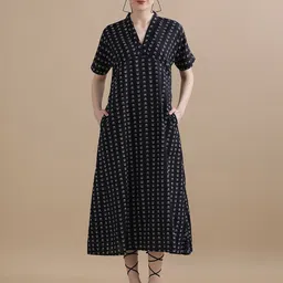 BLACK & BLAH BLAH Relaxed Fit Floral Printed A-Line Pure Cotton Midi Dress-image-60