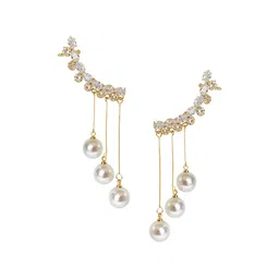 VAGHBHATT Korean Gold-Plated Artificial Stones Studded & Pearls Beaded Tasselled Ear Cuff image 4