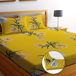 EXFAB Yellow & White Floral King Bedsheet with 2 Pillow Covers-image-70