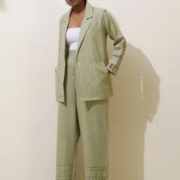trueBrowns Matcha Green Crochet Natural Cotton Blazer Co-Ord Set-52