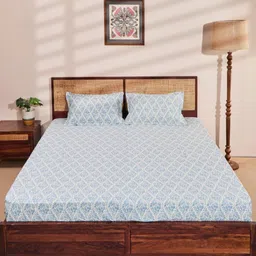 Fabindia Blue & Off White Floral Printed Cotton 144 TC King Bedsheet Set 2.74 m X 2.74 m-image-13
