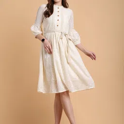 Tulsattva Self Design Cuffed Sleeves Mandairan Coller Lace Fit & Flare Midi Dress-image-25