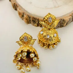 Anouk Gold-Plated Kundan Studded & Pearls Beaded Dome Shaped Jhumkas-picture-17