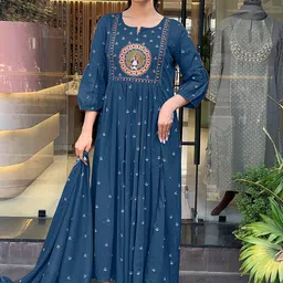KALINI Floral Embroidered Pleated Mirror Work Anarkali Kurta With Trousers & Dupatta-image-104