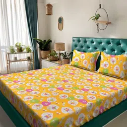 KLOTTHE Kids Yellow & White Printed Pure Cotton 400 TC King Bedsheet Set 2.50 m x 2.25 m-19
