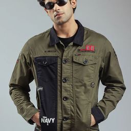nostrum Men Colourblocked Cotton Crop Denim Jacket with Patchwork-18