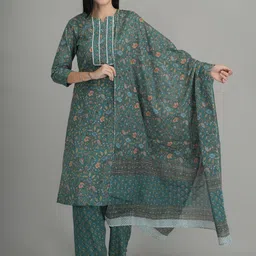 ETRAANA Women Floral Printed Regular Pure Cotton Kurta with Trousers & With Dupatta-picture-2