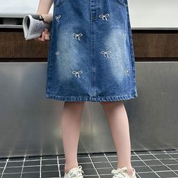 LULU & SKY Girls Bow Design Knee-length Denim Skirt-image-56