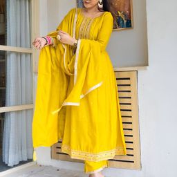 VredeVogel Women Ethnic Motifs Embroidered A-Line Kurta with Trousers & Dupatta-picture-11