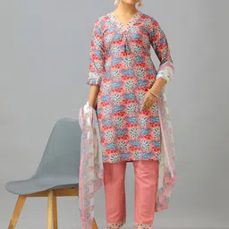 Ethnovog Floral Printed V-Neck Art Silk A-Line Kurta With Trousers & Dupatta-picture-6
