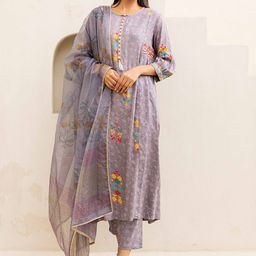 HERE&NOW Women Floral Printed Regular Thread Work Kurta with Trousers & With Dupatta-28