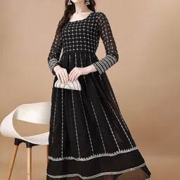 Kedar Fab Geometric Mirror Work Round Neck Georgette Anarkali Kurta-image-85