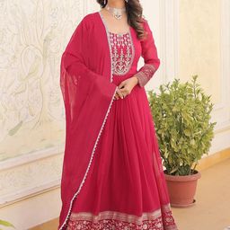 Kedar Fab Ethnic Motifs Embroidered Thread Work Georgette Ethnic Dresses With Dupatta-image-64