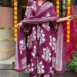 KALINI Floral Printed Pleated V-Neck A-Line Kurta With Trousers And Dupatta-picture-29