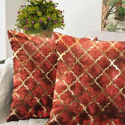 Blue Grass Red & Gold-Toned 2 Pieces Geometric Printed Velvet Rectangle Cushion Covers-image-21