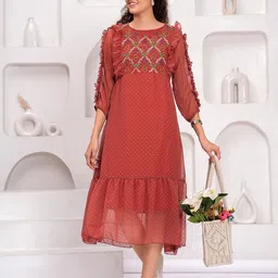 HIGHLIGHT FASHION EXPORT Women Self Design Embroidered Round Neck Fit & Flare Midi Dress-picture-12