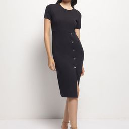 Strong And Brave Women Solid Black Round Neck Slits Detail Bodycon Midi Dress-image-72
