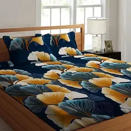 Myntra Elegant Homes Blue & Mustard Floral 300 TC King Bedsheet with 2 Pillow Covers-image-97