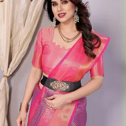 SILKWEAR Checked Woven Design Zari Banarasi Saree-picture-33