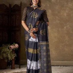 KAYOMMI Floral Pure Linen Block Print Saree-image-20