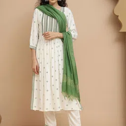 Tulsattva Geometric Printed Mirror Work Kurta With Trousers & Dupatta-5