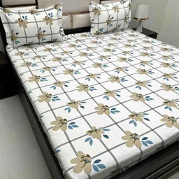 Pure Decor White & Brown Floral Queen Bedsheet with 2 Pillow Covers-picture-46
