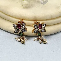 Biba Gold-Plated Artificial Stones Studded and Beaded Floral Shaped Drop Earrings-picture-30
