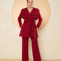 Antheaa Red Trench collar Coat With Trouser-image-27