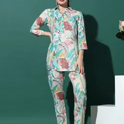 Moda Rapido Blue Printed Shirt Collar Three-Quarter Sleeves Tunic With Trouser-image-28
