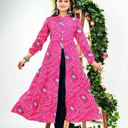 VASUPRADA Bandhani Printed Front High Slit Mandarin Collar A-Line Kurta-image-76