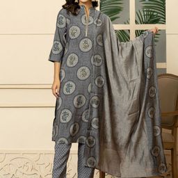 FLAMBOYANT Floral Printed Mandarin Collar Chanderi Silk Kurta With Trousers & Dupatta-31