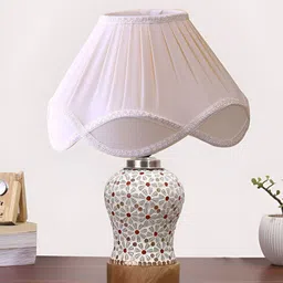 Devansh Off White & Red Printed Frustum Shaped Wooden Table Lamp-47